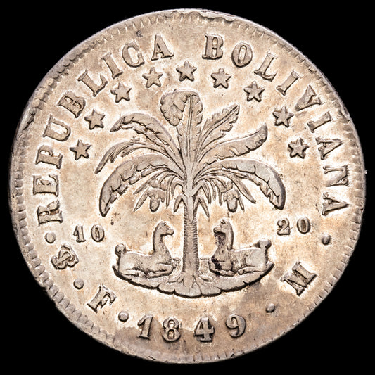 Republica Bolivia. 8 Soles. (26,85g.). Potosí. 1849. Ensayador F.M. KM-109. XF+. Restos de brillo original.