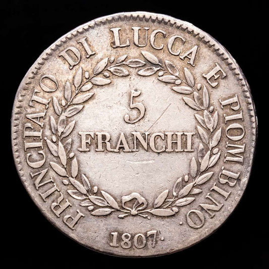 Italia – Elisa y Felice. 5 Francai. (24,81 g.). Lucca. 1807. PAG-253. MBC+. Tono