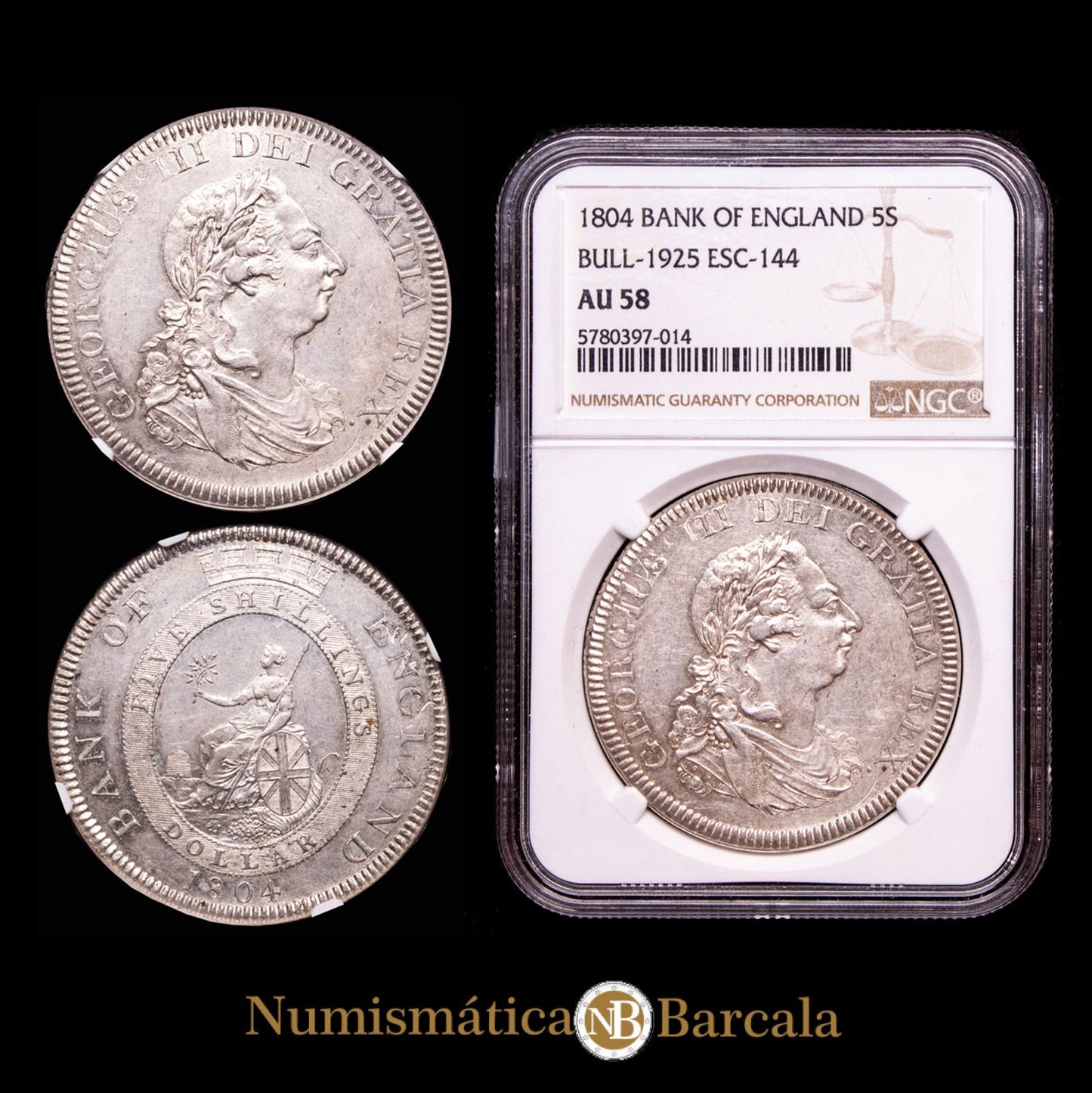 Gran Bretaña – George I II. 5 Shillings. Encapsulada por la NGC, AU 58.