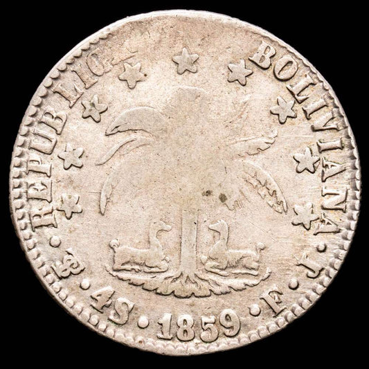 Bolivia. 4 Soles. (13,64 g.). Potosí. 1859. Ensayador F·J. KM-123.3. VF. La A de Bolivar es una V invertida