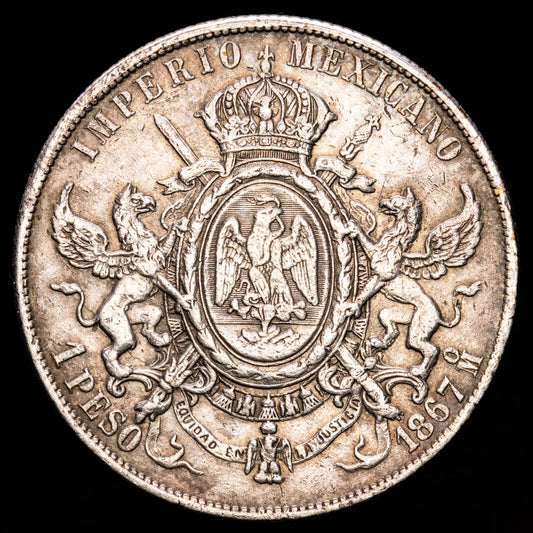 México – Maximiliano. 1 Peso. (26,87 g.). México. 1867. KM-388.1. VF-.