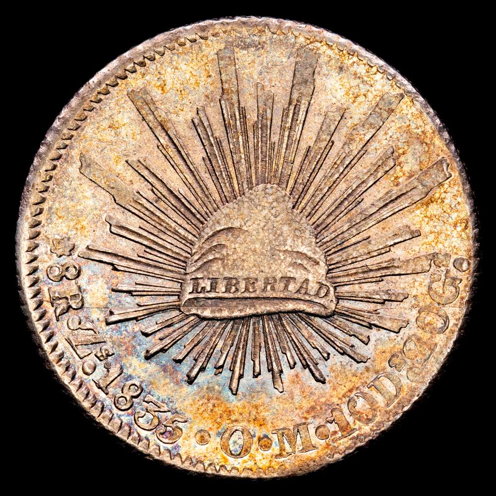 México. 1835. Zs (Zacatecas). O·M. 8 reales. (28/11 gramos). (KM. 377). Bonita pátina irisada y brillo de menta. Precioso ejemplar. UNC.