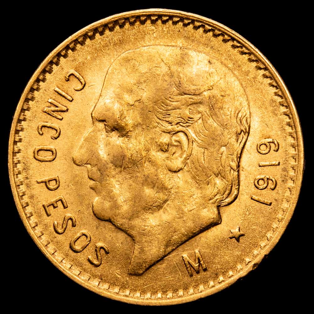 México. 5 pesos, 1919-M. Fr-168; KM-464. Peso 0.1206 onzas. Cabeza de Hidalgo a la izquierda. EBC+.