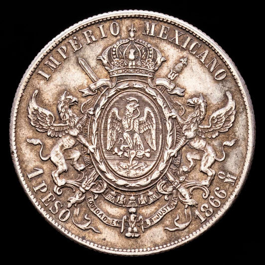 México – Maximilian I. 1 Peso. (26,78 g.). México. 1866. KM-388.1. EBC-. Pátina oscura.