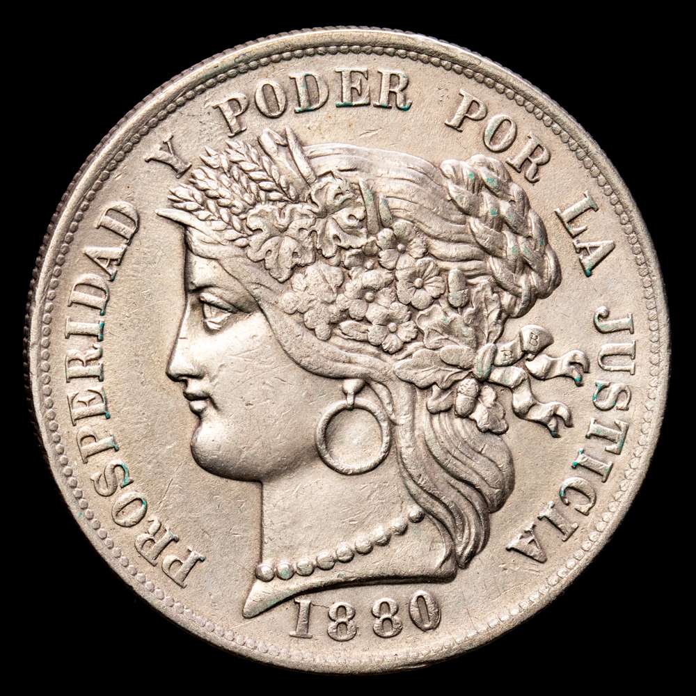 República de Perú. 5 Pesetas. (24,79 g.). Lima. 1880. Ensayador B·F. KM-201.2. MBC+.