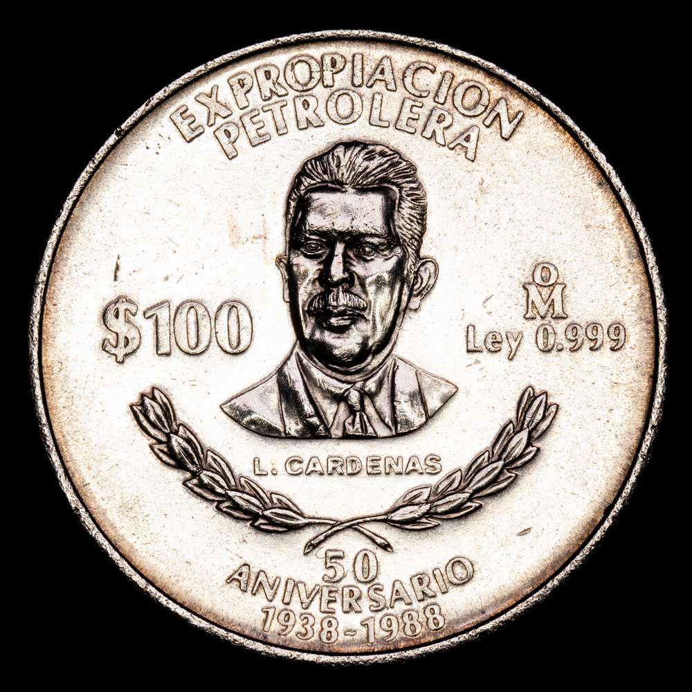 México – Luis Cardenas. 100 Pesos. (31,13 g.). México. 1988. KM-533. UNC. Nacionalización de la industria petrolera.