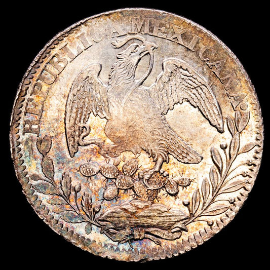 México. 1835. Zs (Zacatecas). O·M. 8 reales. (28/11 gramos). (KM. 377). Bonita pátina irisada y brillo de menta. Precioso ejemplar. UNC.