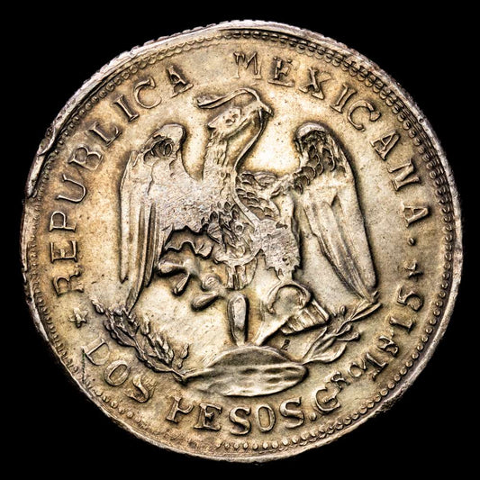 México – Campo Morado. 2 Pesos. (24.41 g.). Gerrero. 1915. Ensayador Cº-Mº. KM-660. MBC+. Tono.