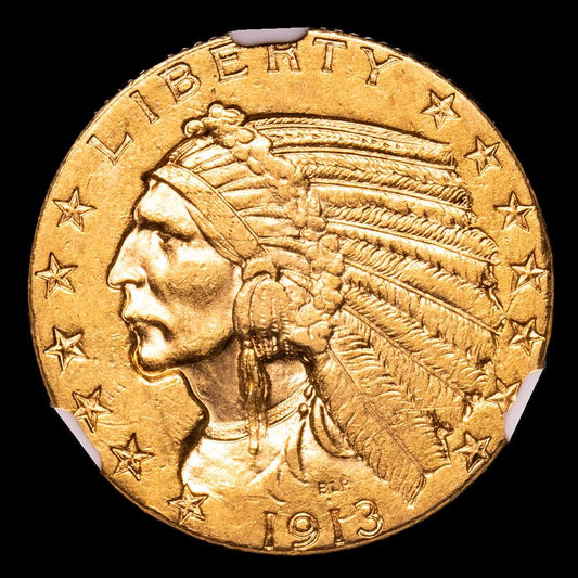 EE. UU., Cinco Dólares de oro, 1913 S, Cabeza india a la izquierda, Águila invertida a la izquierda (KM.129), certificada y calificada por NGC como AU58.