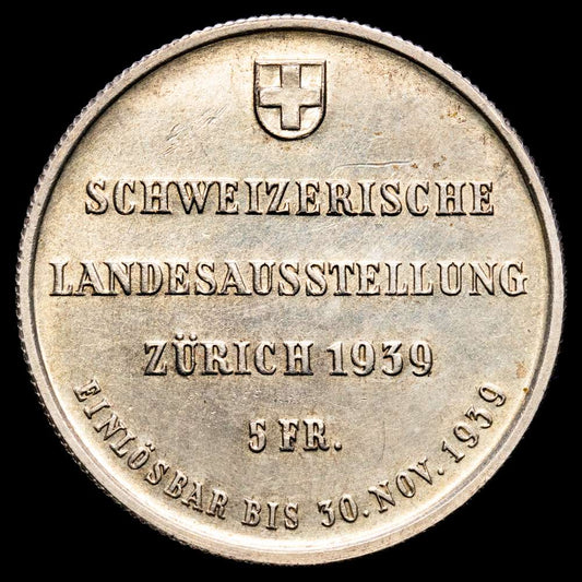 Suiza. 5 Francs. (19,53 g.). Zurich. 1939. KM-43. EBC.