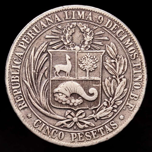 Peru. 5 Pesetas. (24,45 g.). Lima. 1880. KM-201.1. MBC.