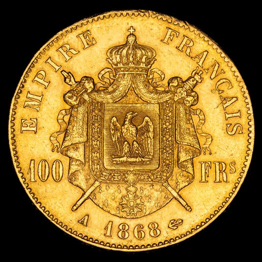Napoleón III. 100 Francos (32,27 g.). París. 1868. Ensayador A. G-1136. XF+. Tirada 2315 unidades.
