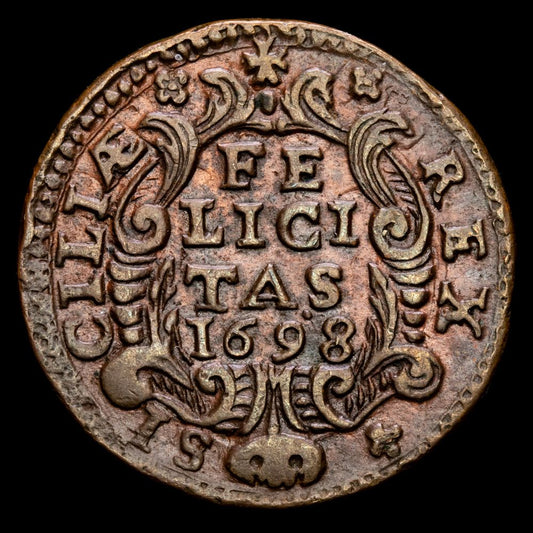 Italia – Carlos II. 1 Gano (5,25 g.). Sicilia. 1698. MIR-497/4. XF. Excelente condición.