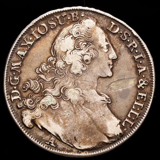 Alemania – Maximiliano. TA’LERO. (27,79 g.). Amberg. 1765. Ensayador A. KM-119.2. MBC+/MBC-. Rayas de ajuste en reverso.
