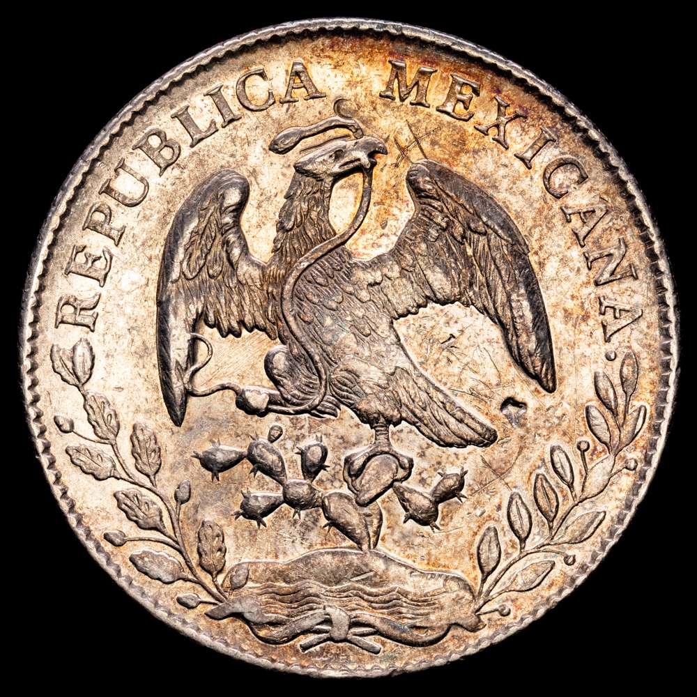 México. 1893. Zs (Zacatecas). FZ. 8 reales. (KM. 377.13). Golpecitos. Pequeños resellos orientales. AG. 26,91 g. Bonita pátina irisada. Precioso ejemplar. EBC-.
