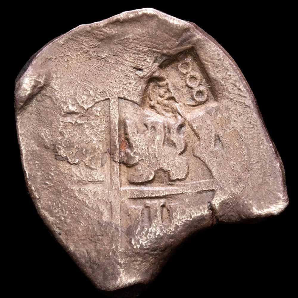 D. Alfonso VI. 600 Reis (8 Reales) (25,31 g.). N/D (1663). GOMEZ-40L. F. Acuñado sobre un 8 Reales. Muy raro.