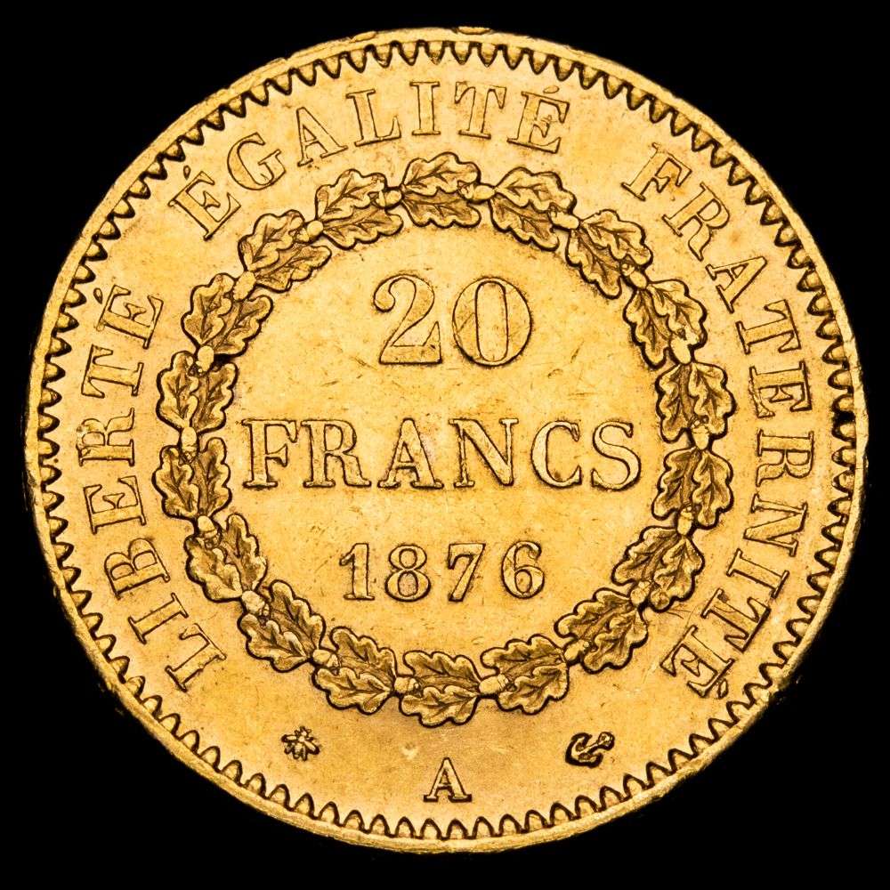 República de Francia. 20 Francos. (6,45g.). París · A ·. 1876. KM-825. XF+. Brillo original.