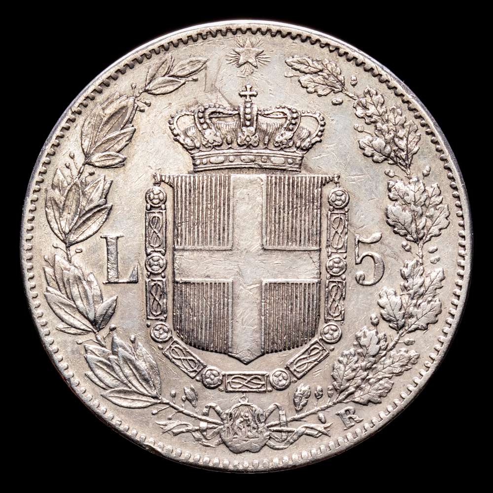 Italia – Umberto I. 5 Liras. (25,01 g.). Roma. 1879. Pogani – 590. MBC+.