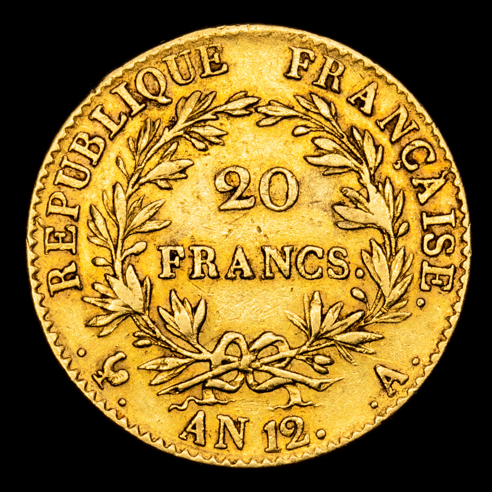 Francia – Napoleon Bonaparte. 20 Francs. (6,41 g.). París. AN12 . (1803). A. GAD-1020. MBC+. Escasa