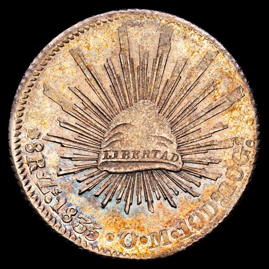 México. 1835. Zs (Zacatecas). O·M. 8 reales. (28/11 gramos). (KM. 377). Bonita pátina irisada  y brillo de menta.  Precioso ejemplar. UNC.