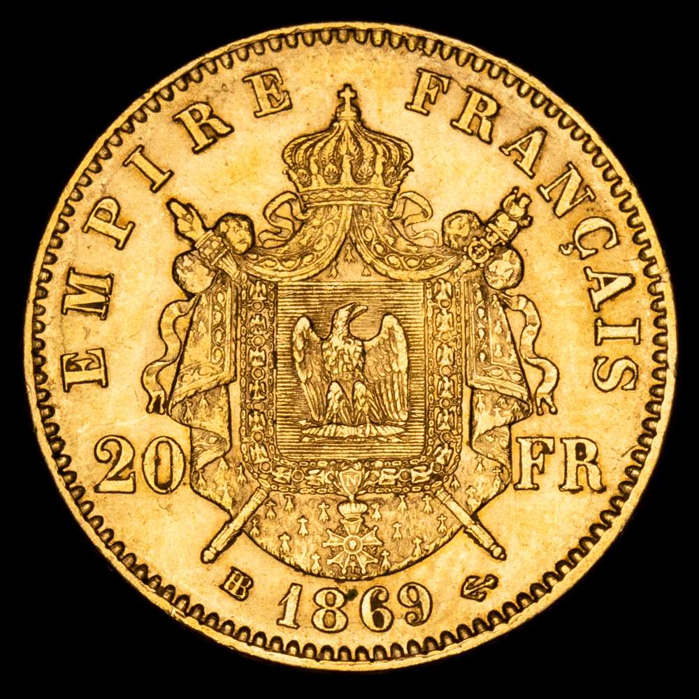 Francia – Napoleón III. 20 Francos . (6,45g.). Strasbourg. 1869. Ensayador BB. KM-801.2. XF.