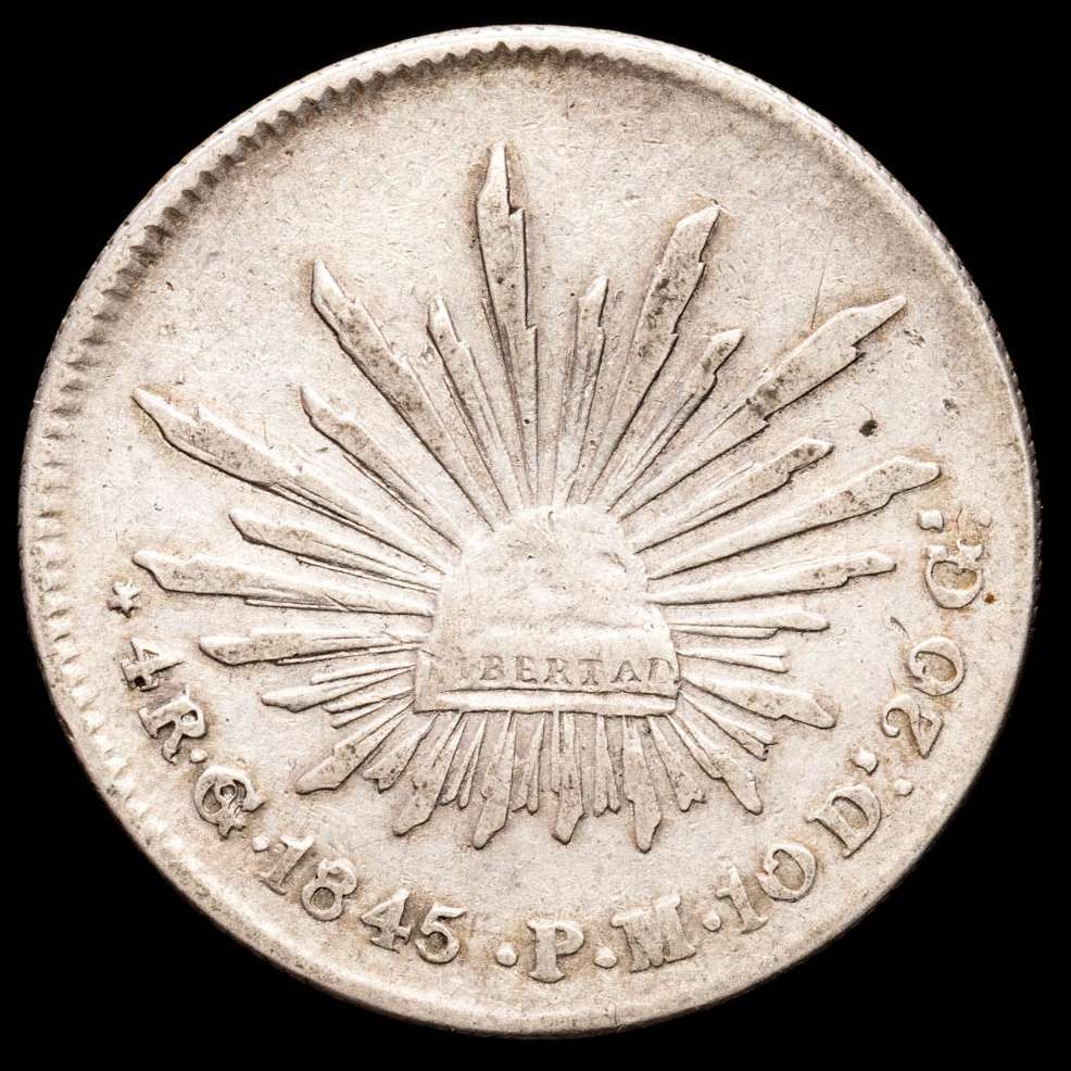 República de México. 4 Reales. (13,3 g.). Gº. 1845. Ensayador P·M. KM-375.4. VF+.
