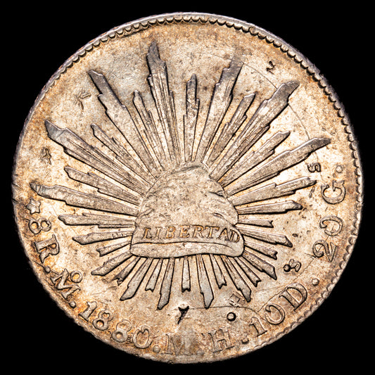 República de México. 8 Reales. (26,98 g.). México. 1880. Ensayador M·H. KM-377.12. VF+. Resellos orientales. Rayitas en reverso
