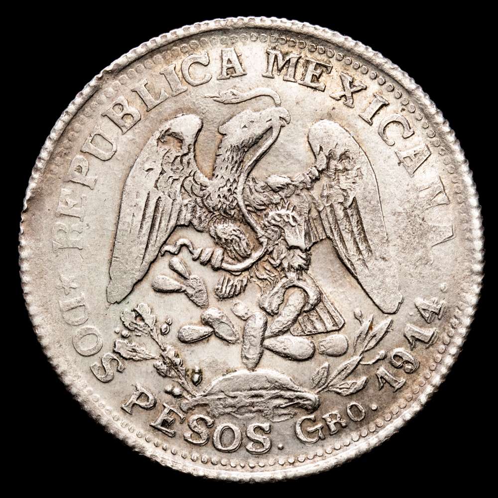 México. 2 Pesos. (24,18 g.). Guerrero. 1914. KM-643.3. EBC-/MBC+. Rara. Epoca revolucionaria