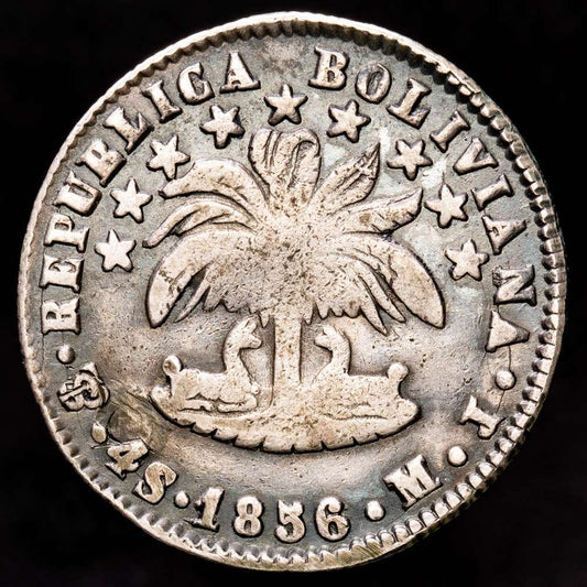 República de Bolivia. 4 Soles. (13,43 g.). Potosí. 1856. Ensayador M·J. KM-123.2. VF.