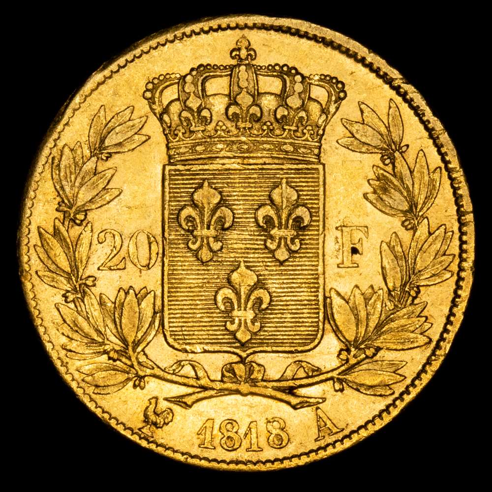 Francia – Luis XVIII. 20 Francos. (6,45g.). París. 1818. Ensayador A. KM-712.1. XF. Restos de brillo original.