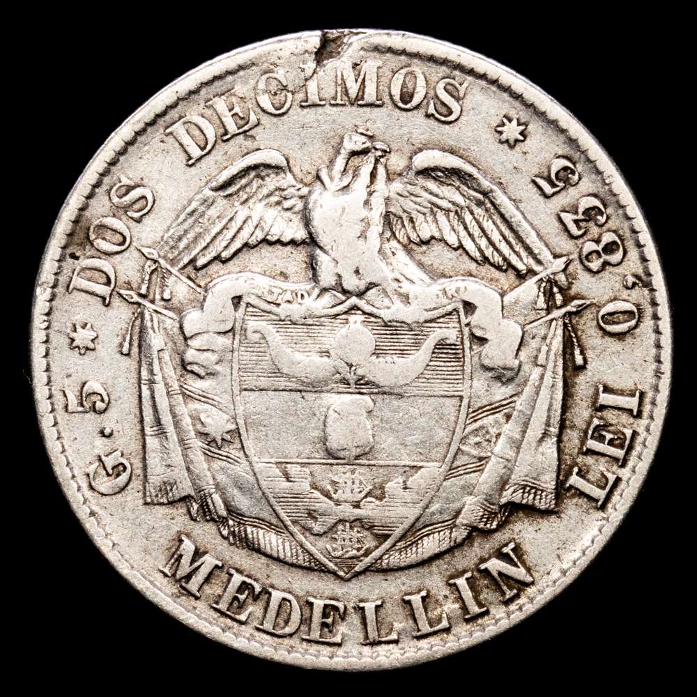 Colombia. 2 Décimos. (4,8 g.). Medellín. 1874. KM-160. VF.