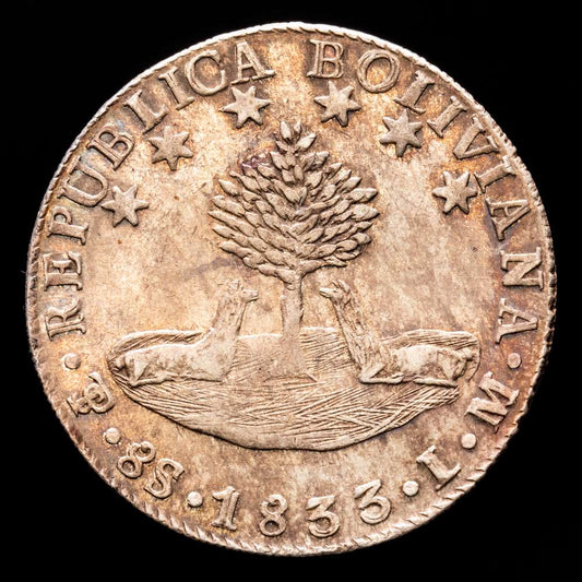 República de Bolivia. 8 Soles. (27,1 g.). Potosí. 1833. Ensayador L·M. KM-97. EBC/EBC+. Restos de brillo original. Tono y muy bella pátina.