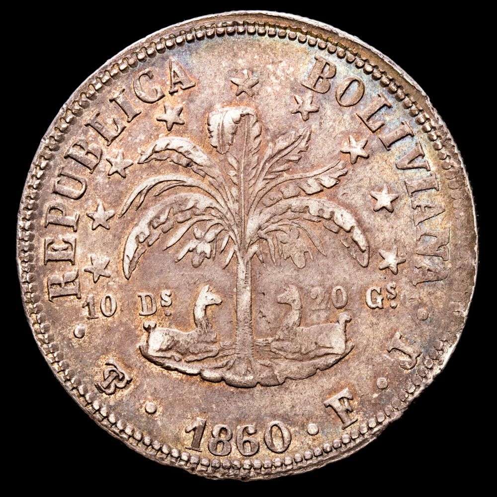 República de Bolivia. 8 Soles. (18,8g.). Potosí. 1860. Ensayador F·J. KM-138.6. EBC. Bonita pátina.