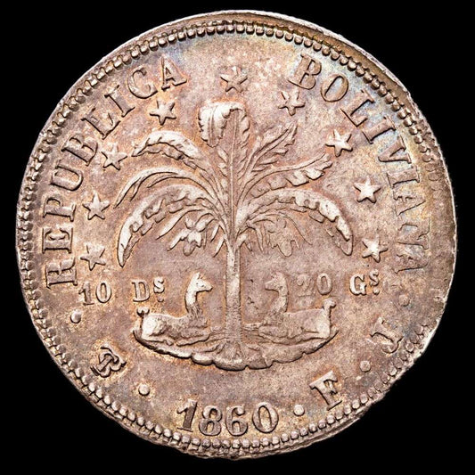 República de Bolivia. 8 Soles. (18,8g.). Potosí. 1860. Ensayador F·J. KM-138.6. EBC. Bonita pátina.