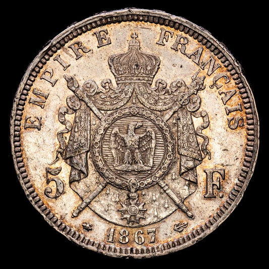 Francia – Napoleon III. 5 Francs. (24.92 g.). A-París. 1867. GAD-739. XF. Pátina