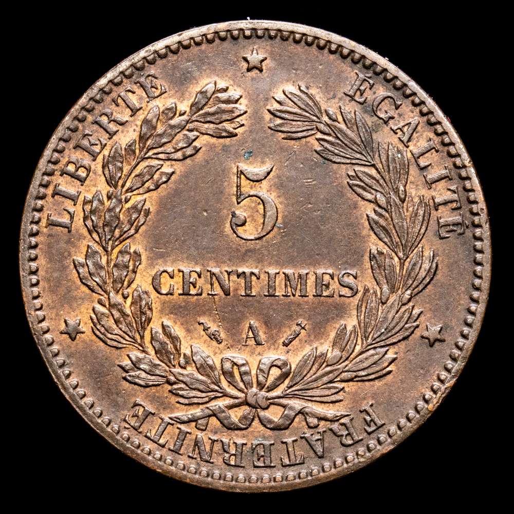 República de Francia. 5 Centimes. (4,99 g.). A-París. 1890. G-157-1. EBC+. Restos de brillo original.