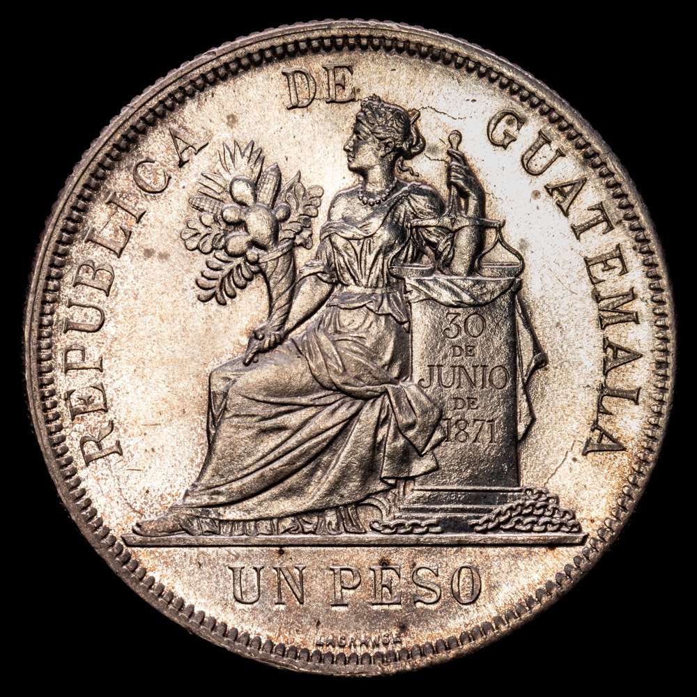 Guatemala 1 Peso 1895 KM# 210, N# 22042; Plata 25.15 g.; Casa de Moneda de Guatemala; FDC Gran parte de brillo y bonito tono periférico.Pieza muy hermosa.