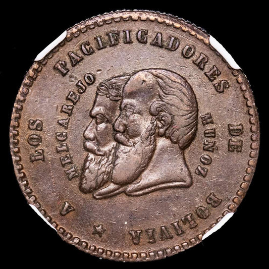 Bolivia. 1/2 Melgralejo. ( g.). 1865. Cooper. Short beards. Encapsulado por NGC VF35 BN.