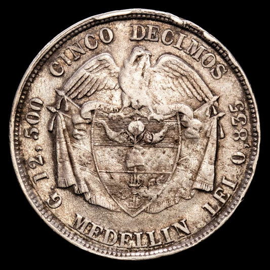 Colombia. 5 Décimos. (12,35 g.). Medellín. 1880. KM-161-1. VF. Escasa. Golpecitos.