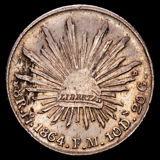 México. 8 Reales. (27,09 g.). Hermosillo. 1864. F·M. KM-377.9. MBC+. Muy rara