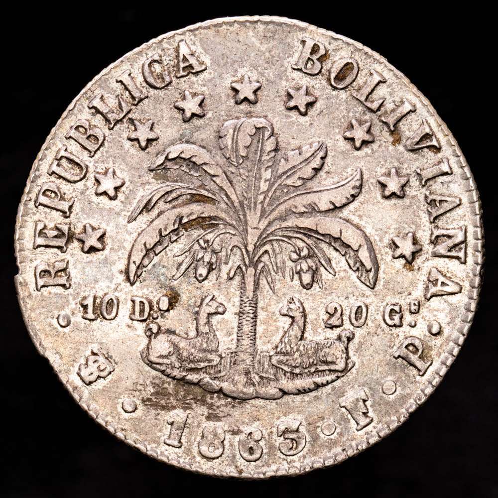 República de Bolivia. 8 Soles. (20,36 g.). Potosí. 1863. Ensayador F·P. KM-138.6. VF.