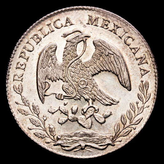8 Reales 1875 Guanajuato Go FR. KM# 377.8 (DyP-Go55). (27,00 gramos ). Pátina y tonificación en reverso. UNC.