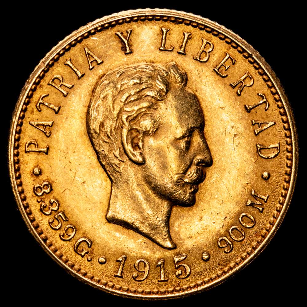 Cuba Primera República 1915 5 Pesos (José Martí) Oro (.900) Casa de la Moneda de Filadelfia (696000) 8,38 g. KM 19 JMA 104-105 Y 13 Fr 4. XF.