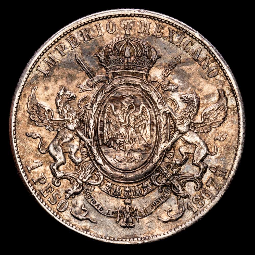 México – Maximiliano I. 1 Peso. (27.01 g.). México. 1867. KM-388.1. EBC. Bello tono.