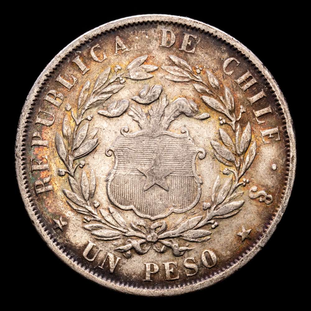 República de Chile. 1 Peso. (24,65 g.). Santiago. 1855. KM-129. MBC+. Bella pátina de monetario antiguo.
