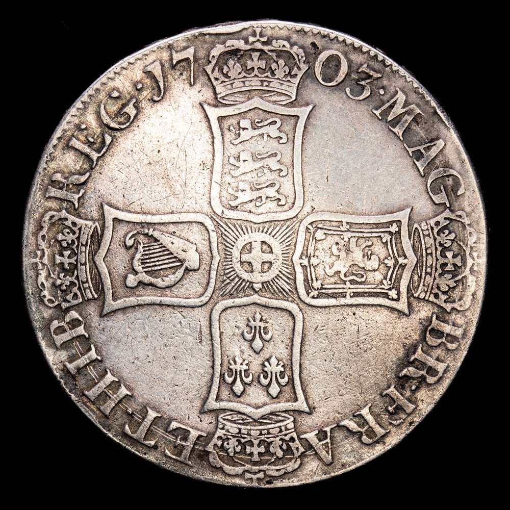 Gran Bretaña – Ana. Crown. (29,65 g.). Vigo. 1703. BULL-1340. VF. Rara. Limpiada.