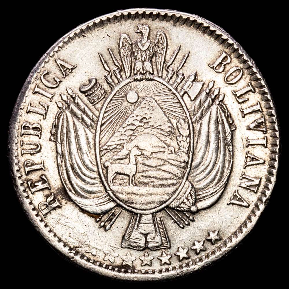 República de Bolivia. 1 Boliviano. (24,85 g.). Potosí. 1866. Ensayador F·P. KM-152.1. VF+.