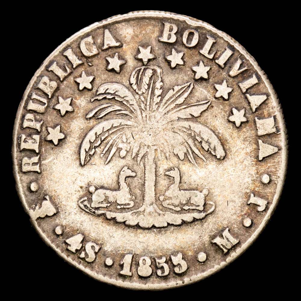 Bolivia. 4 Soles. (13,39 g.). Potosí. 1855. Ensayador M·J. KM-123.2. VF-.