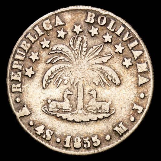 Bolivia. 4 Soles. (13,39 g.). Potosí. 1855. Ensayador M·J. KM-123.2. VF-.