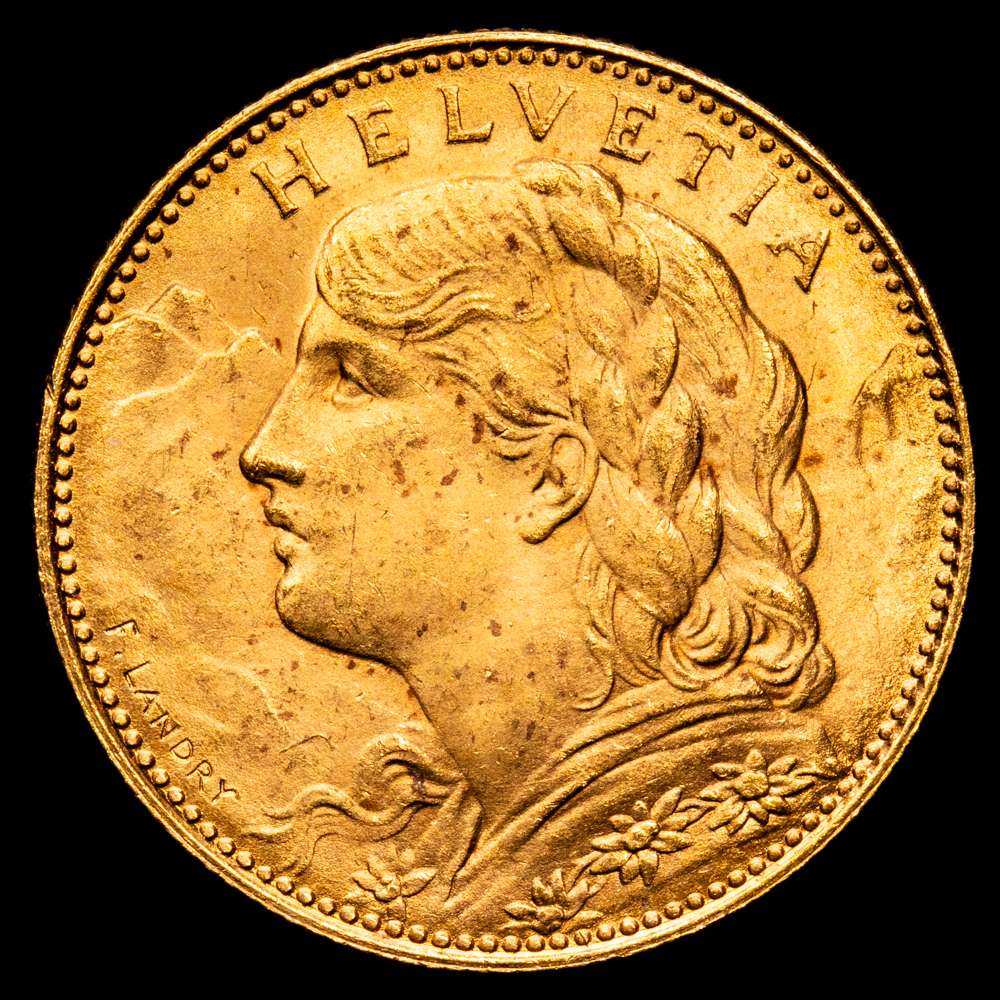 Suiza 10 francos 1922 B KM# 36, HMZ 2# 1196, N# 3950; Oro (.900) 3,23 g.; “Vreneli”; Casa de la Moneda de Berna; UNC- con brillo de ceca completo